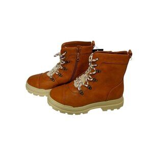 Tan Lace-Up Ankle Boots With Faux Fur Lining & Side Zipper Size 5 Rugged Sole,